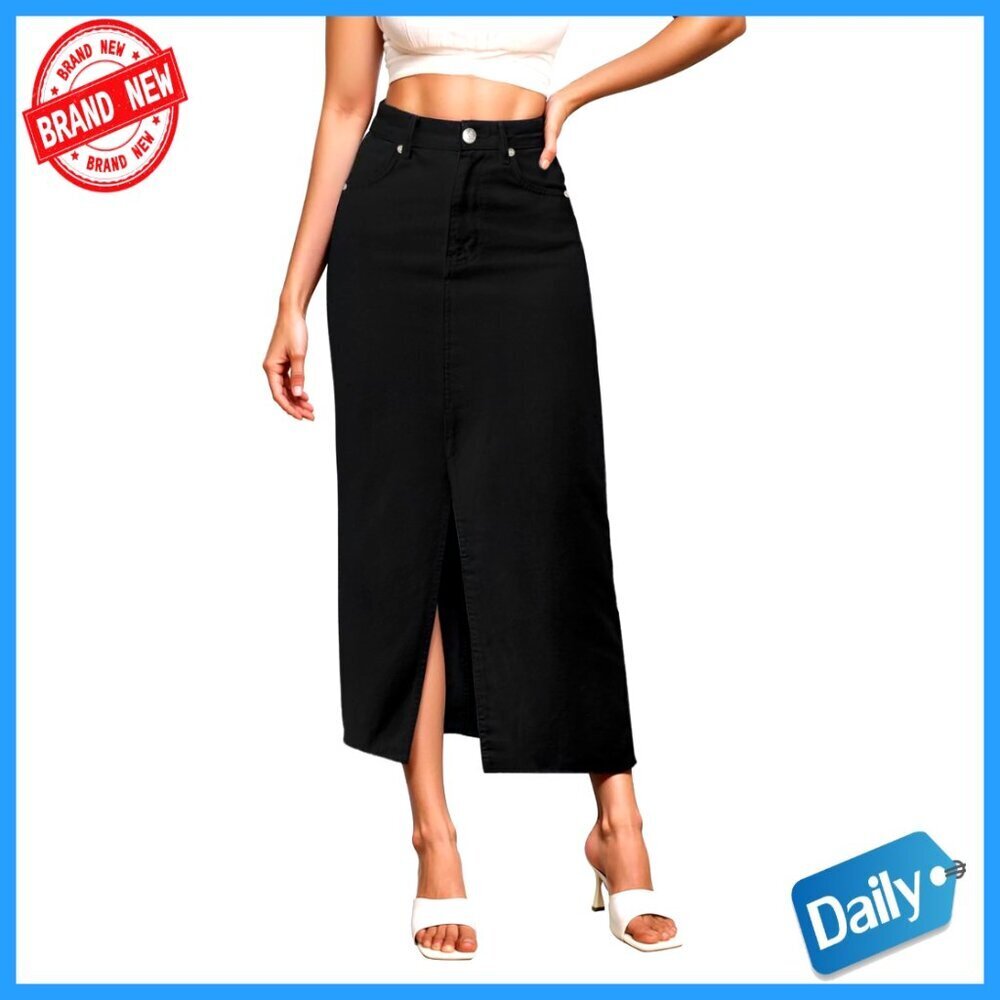 Long Denim Skirt Stretch High Rise Straight Leg Office Casual Wear